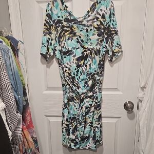 CJ Banks Blue and Green Patterned Midi Dress
